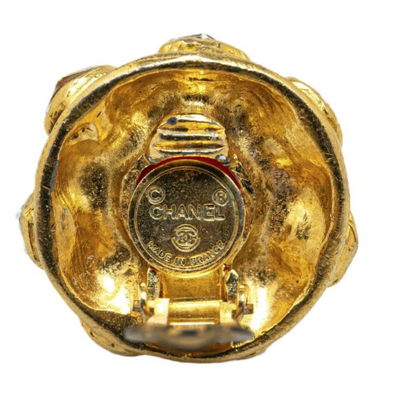 CHANEL Red Gripoix Rhinestone Round Clip-On Earrings Gold Tone Auth - Picture 12 of 12